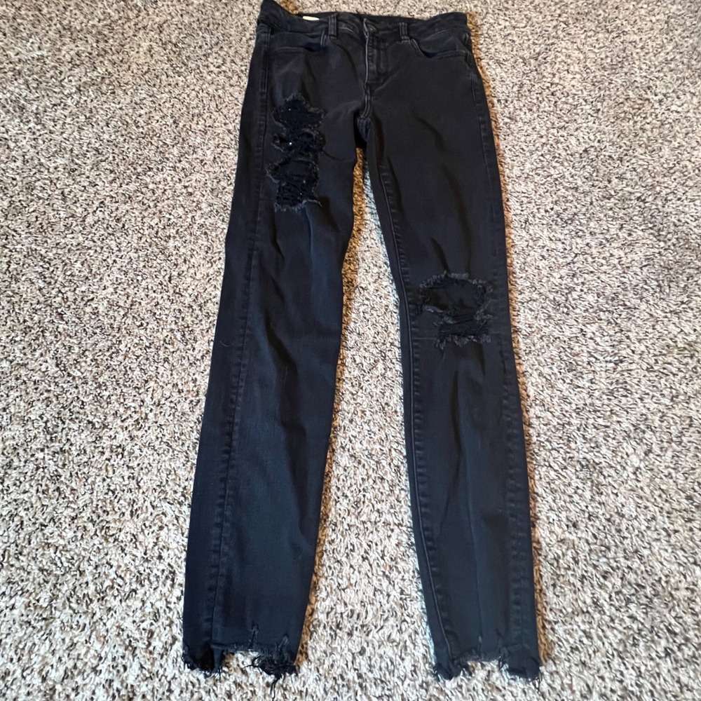 American Eagle Hi-Rise Jegging Black Distressed Ripped Skinny Jeans Womens 6 Reg